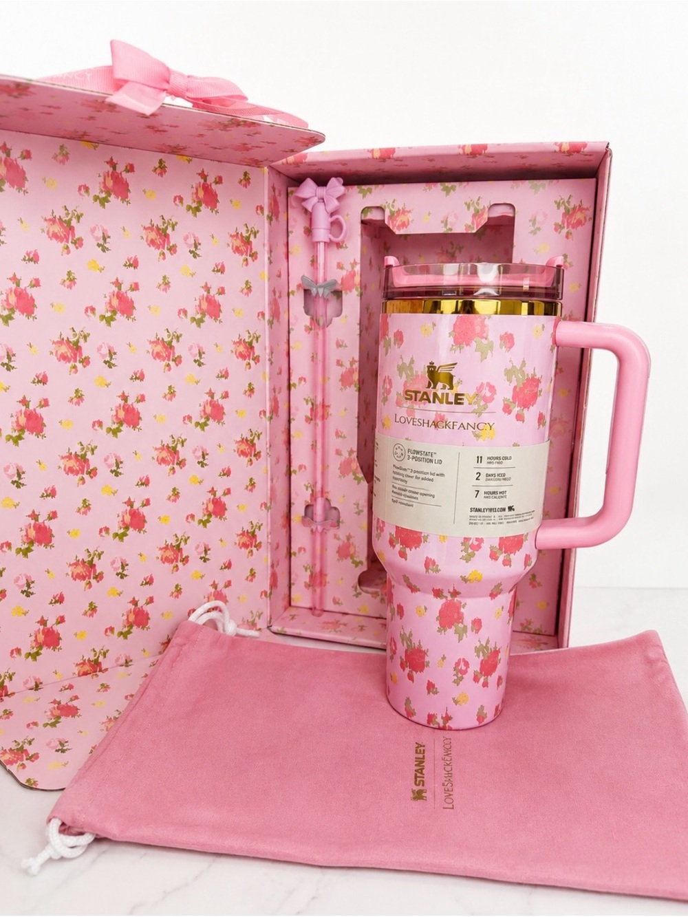 LoveShackFancy Pink Floral Insulated Mug with Handle